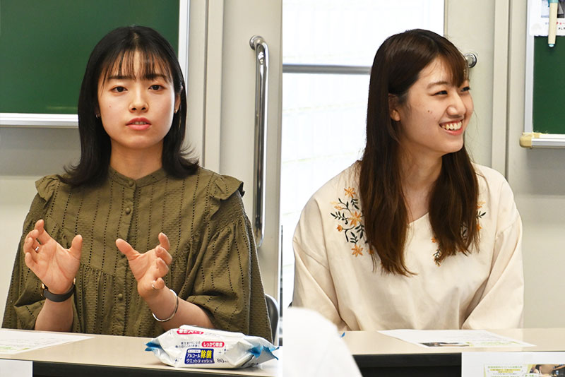 放送技術科のゲストは、TBS系『音楽の日』でCAを担当したカメラマン・宮原里瑛さん(写真左/(株)TBSアクト 本校18年度卒)と、TBS系『着飾る恋には理由があって』のPR編集を担当した映像エディター・川村優奈さん(写真右/(株)TBSアクト)
