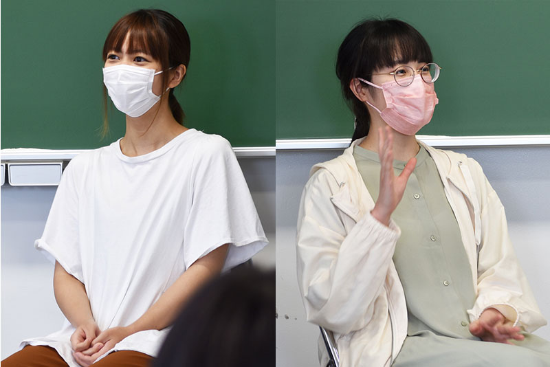 放送音響科のゲストは、FM NACK5『THE SEITARO★RADIO SHOW「1700」』ラジオ番組制作スタッフ・小﨑有紗さん(写真左/(株)レディオパワープロジェクト 本校19年度卒)と、 レコーディングエンジニア・松山姫香さん(写真右/AZ CREATIVE 本校19年度卒)