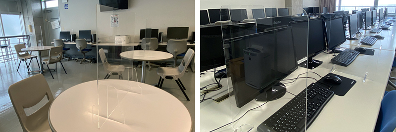PCルームや学生ロビーにアクリルパーテーションを設置。