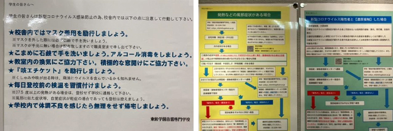 感染拡大防止の為の啓発掲示物。体調不良時のロードマップも掲示。