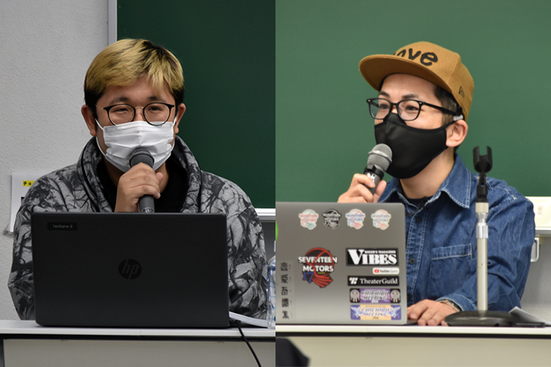 講師は浅沼直也さん（05年度卒：右）と伊藤拓也さん（06年度卒：左）。動画クリエイターの仕事やYouTubeチャンネルの運用などについて解説してもらいました。