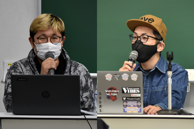 講師は浅沼直也さん(05年度卒:右)と伊藤拓也さん(06年度卒:左)。動画クリエイターの仕事やYouTubeチャンネルの運用などについて解説してもらいました。