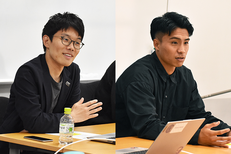 株式会社Criacaoの大口柾文さん（左）と西山大輝さん（右）にお越しいただき、クラブの概要やコンセプト、活動内容、ホームゲームのスタジアムアナウンスについてご説明いただきました。