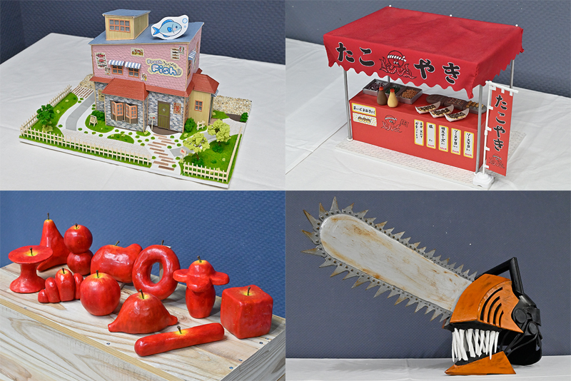 左上:サーモンをモチーフにしたオリジナルセット模型
右上:ミニチュア模型「たこやき屋台」
左下:絵本を基にした造形物「りんごのきょうだい」
右下:アニメに出てくるマスクをイメージした造形物